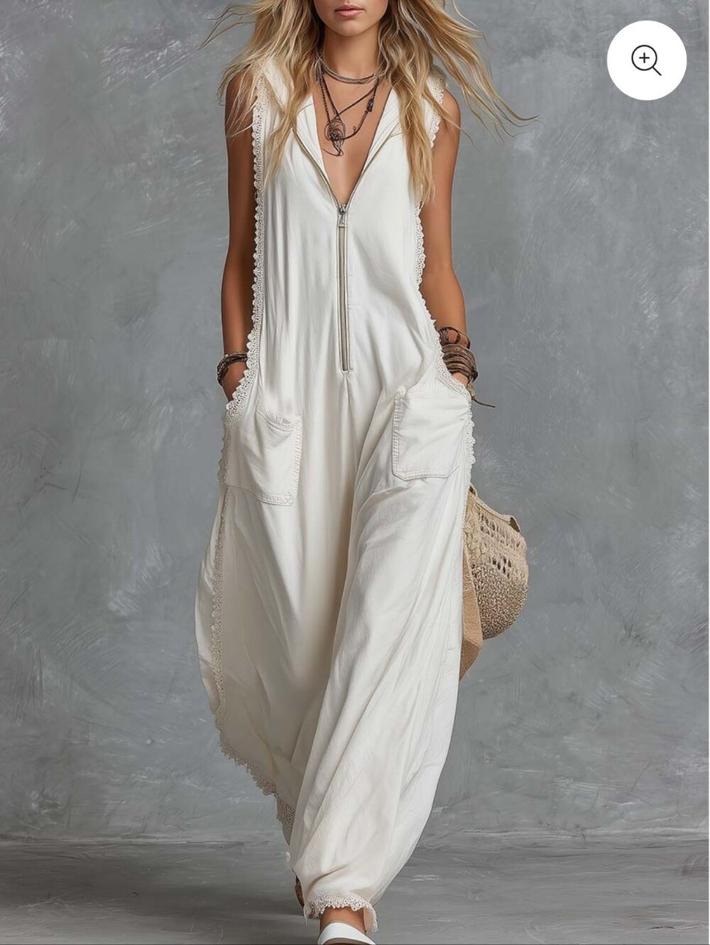 NWT Oyrosy Vintage Casual Western White Hooded Cotton Jumpsuit Size Small
